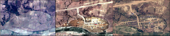 Images of the worker housing area from 2004, 2009, and 2012. Left image © 2014 Google © 2004 Digital Globe. Center image © 1987-2013 HERE © 2009 Digital Globe. Right image © 2014 Microsoft Corporation © 2012 Digital Globe.