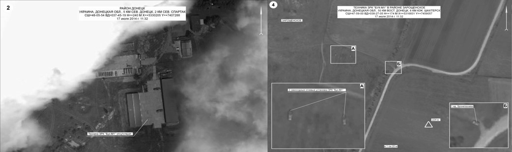 These slides released by the Russian Federation purport to show a Buk missile launcher absent from a Ukrainian military base (left), and a pair of Buk missile launchers in a field on the day of the shootdown (right).