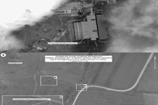 These slides released by the Russian Federation purport to show a Buk missile launcher absent from a Ukrainian military base (left), and a pair of Buk missile launchers in a field on the day of the shootdown (right).
